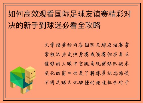 如何高效观看国际足球友谊赛精彩对决的新手到球迷必看全攻略